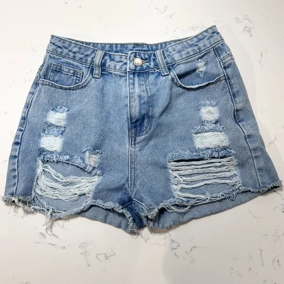 ❥𝗦𝗛𝗘𝗜𝗡: Teen Girls Ripped Raw Hem Denim Shorts - Picture 4 of 7